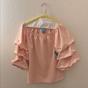 CeCe Blush Pearl-Embellished Ruffle Sleeve Blouse